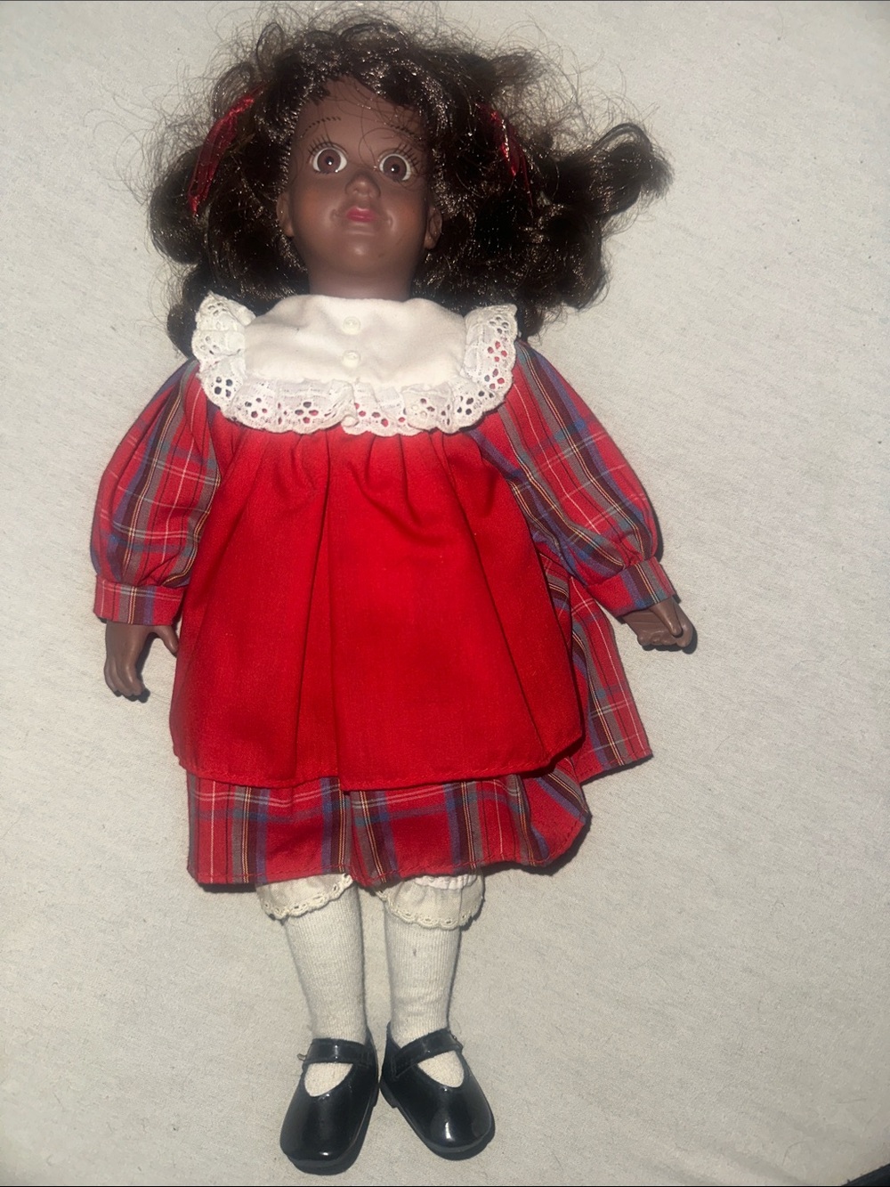 Vintage Collectible Classic Red Plaid Girl Doll with Lace Collar Porcelain Doll